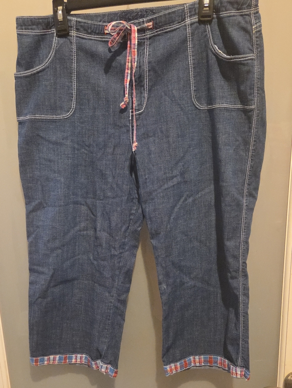 Zena Denim Capri Pants with Red-Blue Plaid Trim